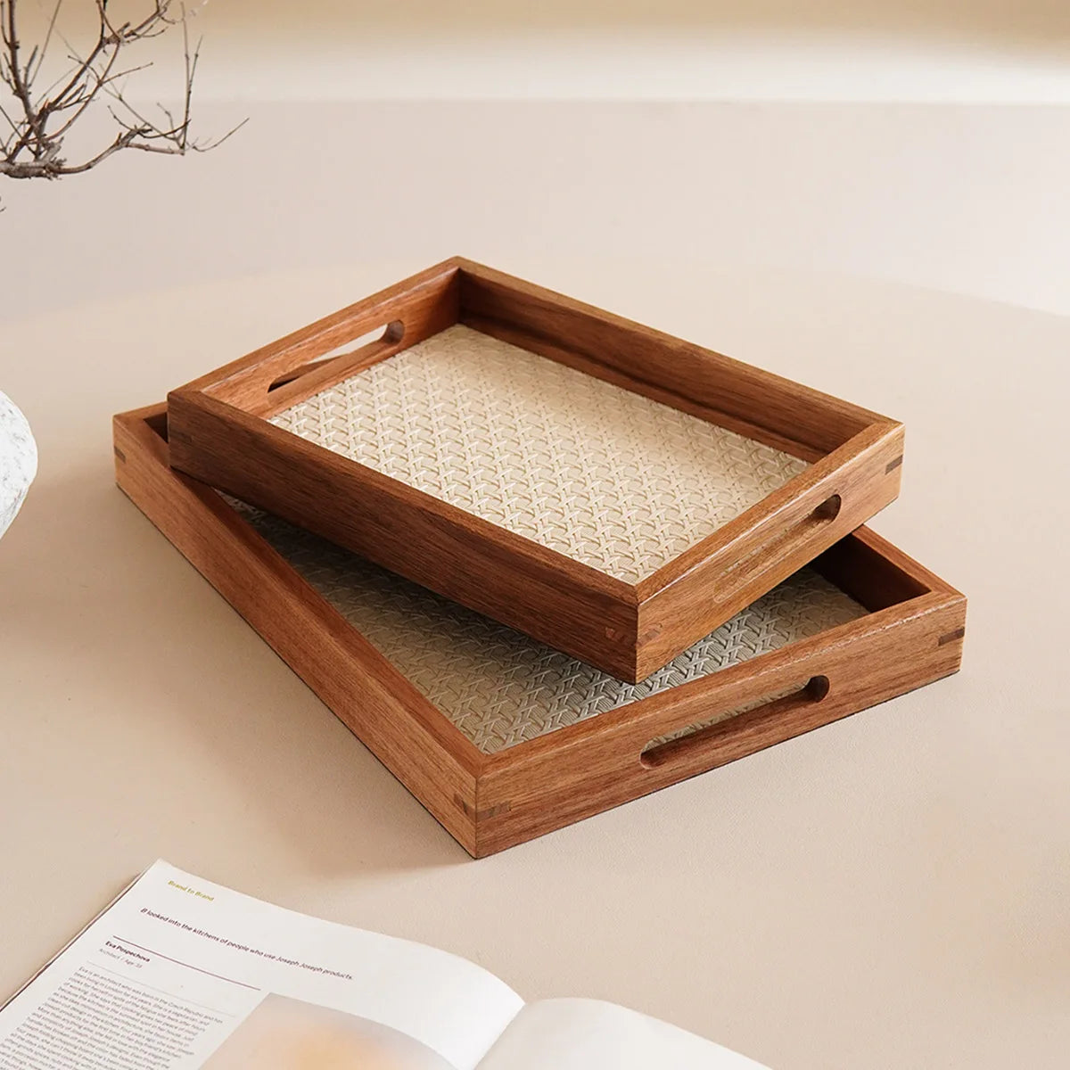Walnut-Finish Wood Vanity Tray with Woven Rattan-Look Base