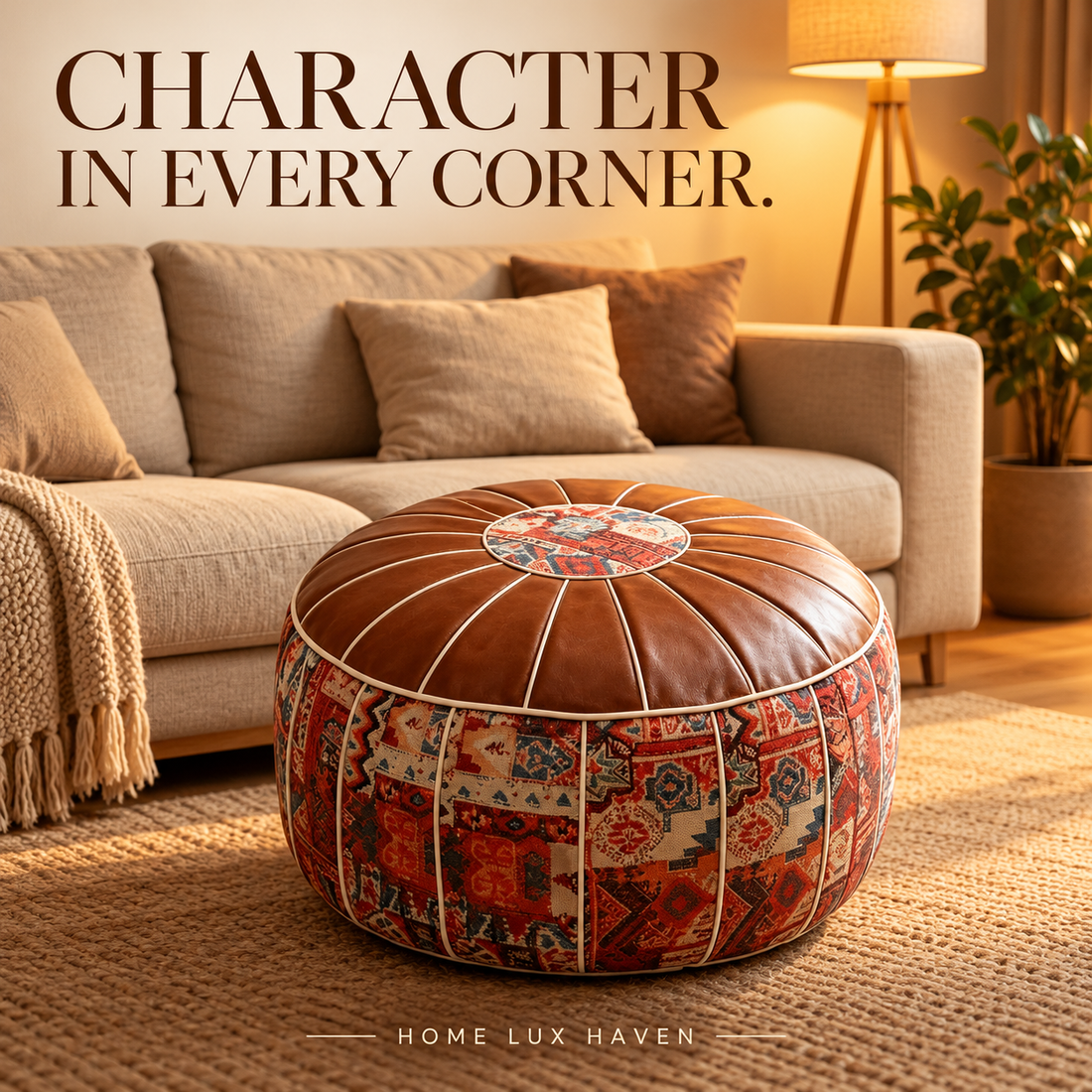 Round Storage Ottoman with Patterned Sides - advertising image 01