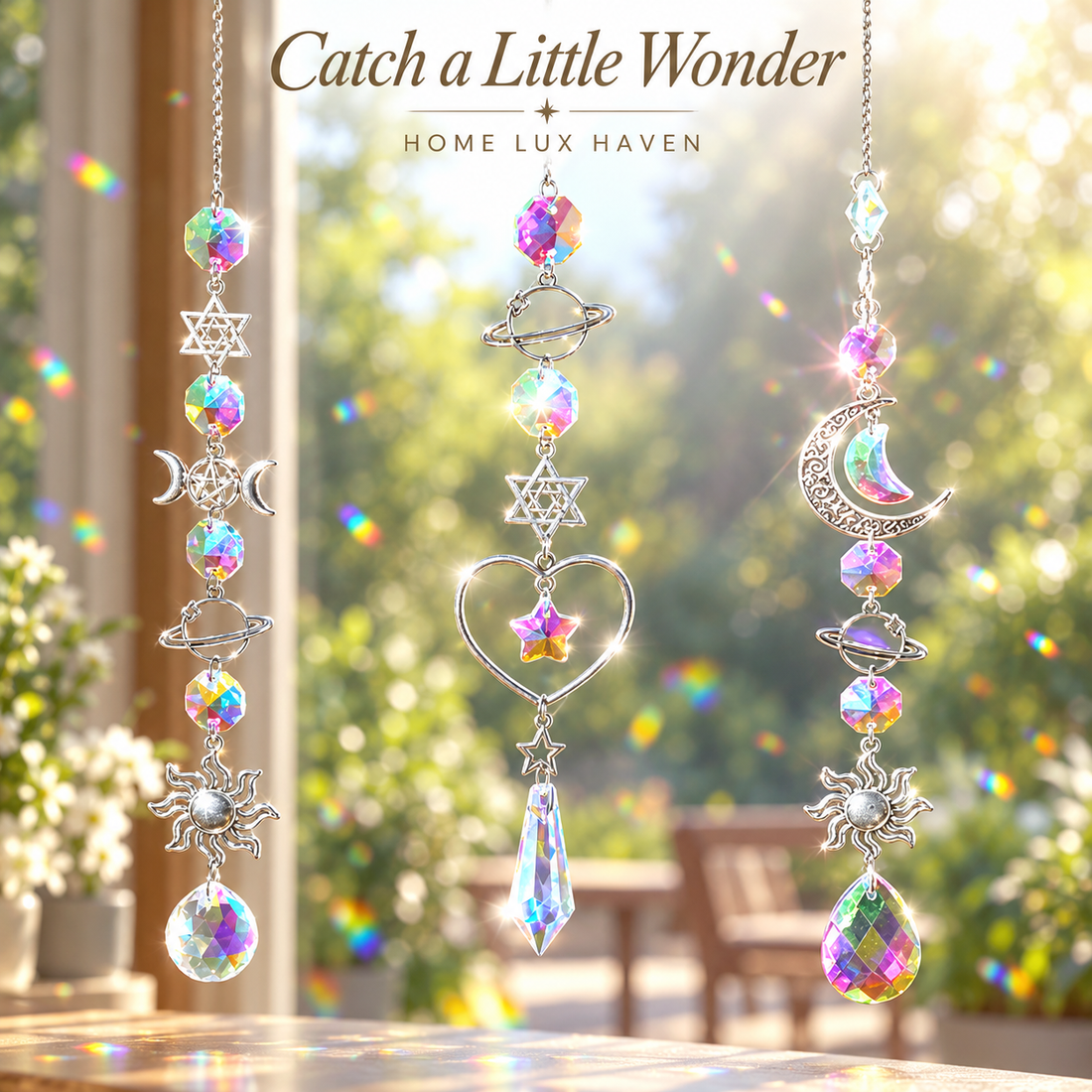 Crystal Sun Catcher – Hanging Rainbow Maker Prism for Window, Garden & Patio - advertising image 01