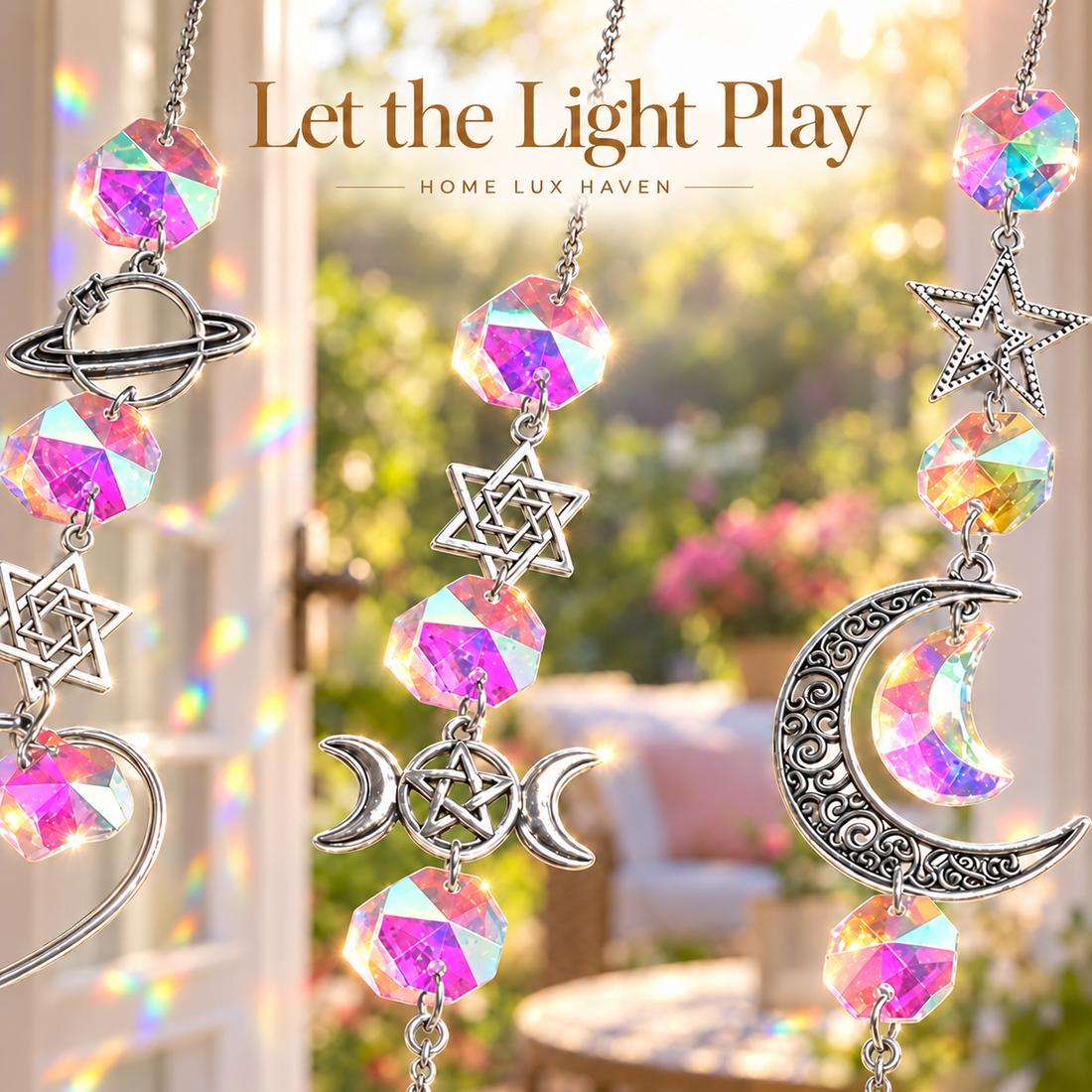 Crystal Sun Catcher – Hanging Rainbow Maker Prism for Window, Garden & Patio - advertising image 01