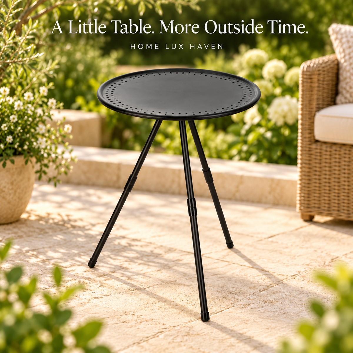 Round Tripod Patio Side Table ? Adjustable Height, Folding & Portable - advertising image 01