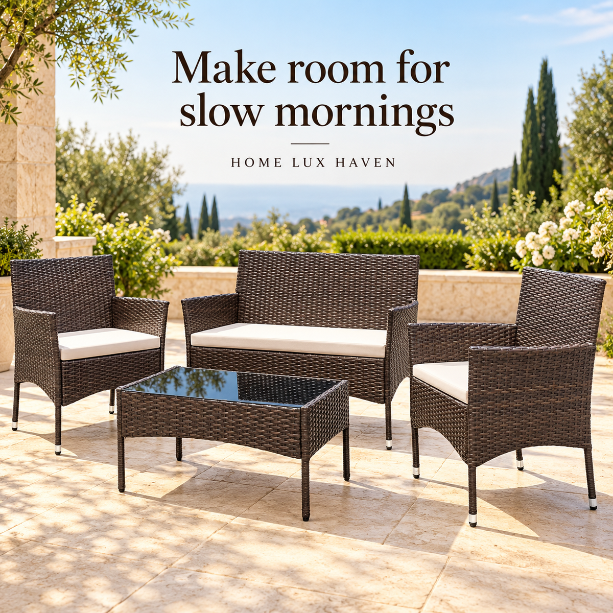 4-Piece Wicker Patio Conversation Set – Loveseat, 2 Armchairs & Glass-Top Coffee Table - advertising image 01