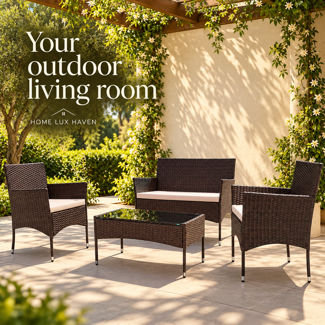 4-Piece Wicker Patio Conversation Set – Loveseat, 2 Armchairs & Glass-Top Coffee Table - advertising image 01