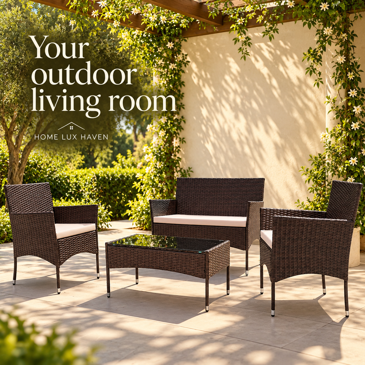 4-Piece Wicker Patio Conversation Set – Loveseat, 2 Armchairs & Glass-Top Coffee Table - advertising image 02