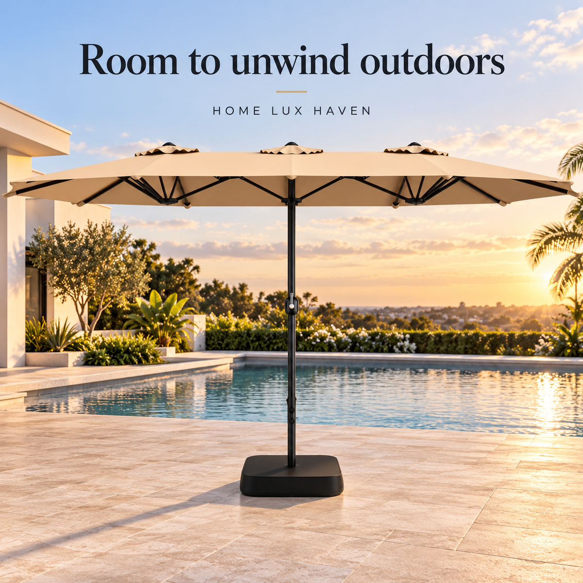15 ft Double-Sided Rectangle Patio Umbrella with Base – Beige - advertising image 02