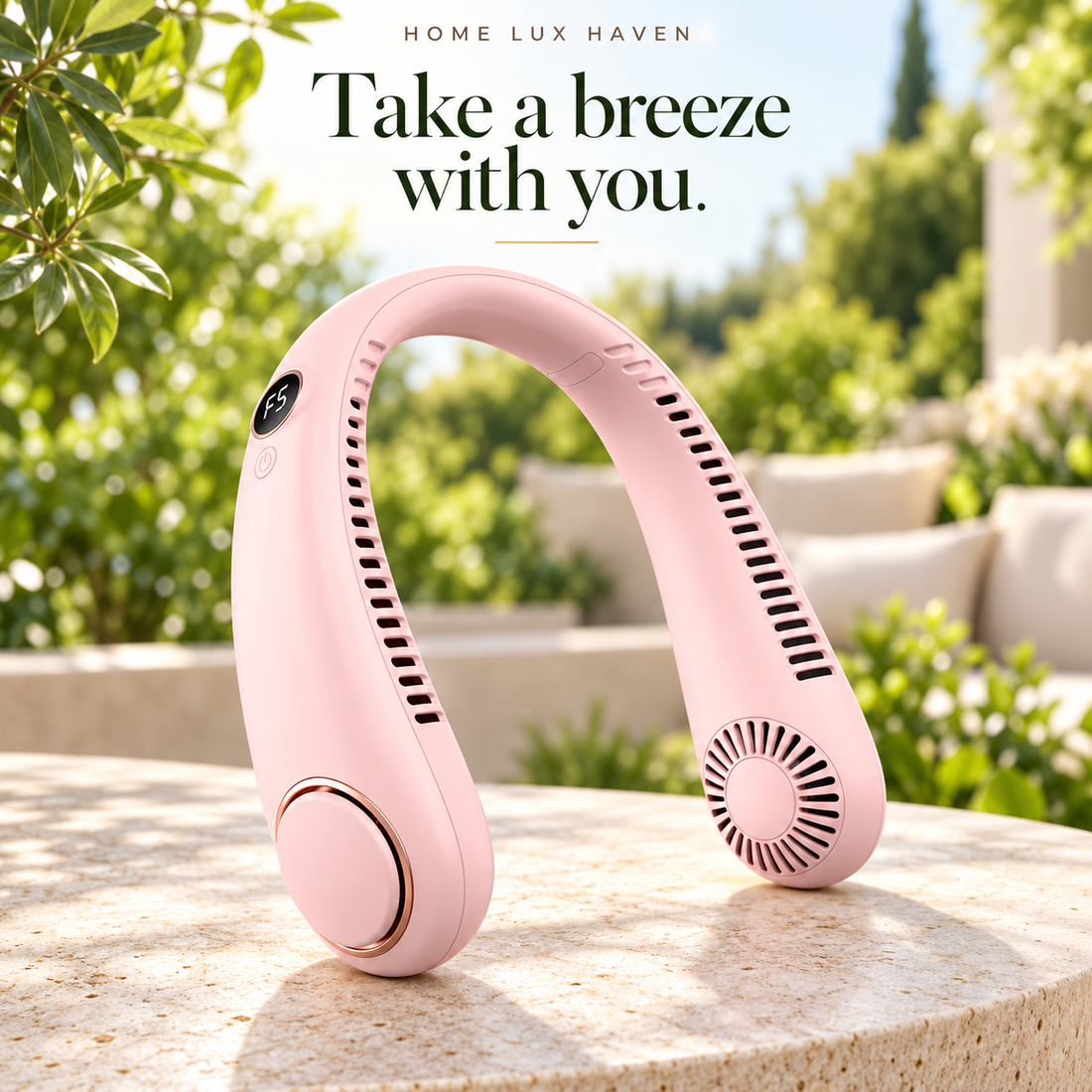 Bladeless Neck Fan – Hands-Free Wearable Cooler, 5 Speeds, LED Display - advertising image 01