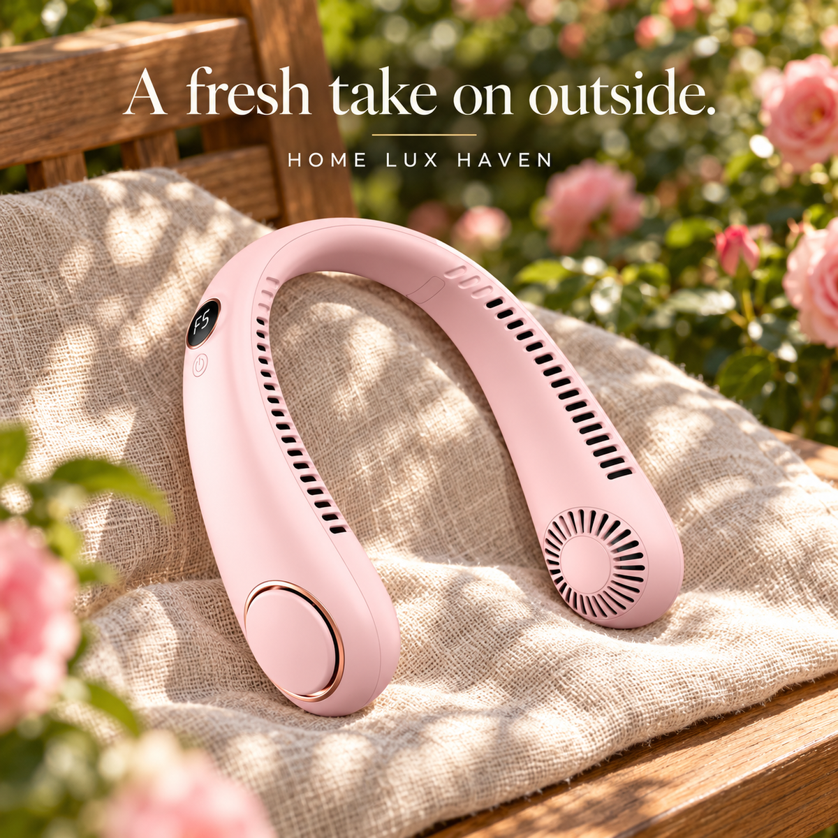 Bladeless Neck Fan – Hands-Free Wearable Cooler, 5 Speeds, LED Display - advertising image 02