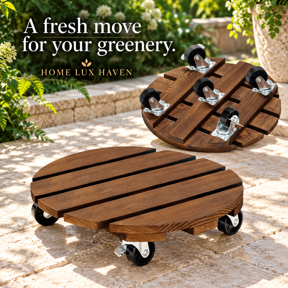 Rolling Wood Plant Caddy with Locking Wheels (2-Pack, 12") - advertising image 01