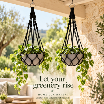 Boho Macrame Plant Hangers, Set of 2 - Black - advertising image 01