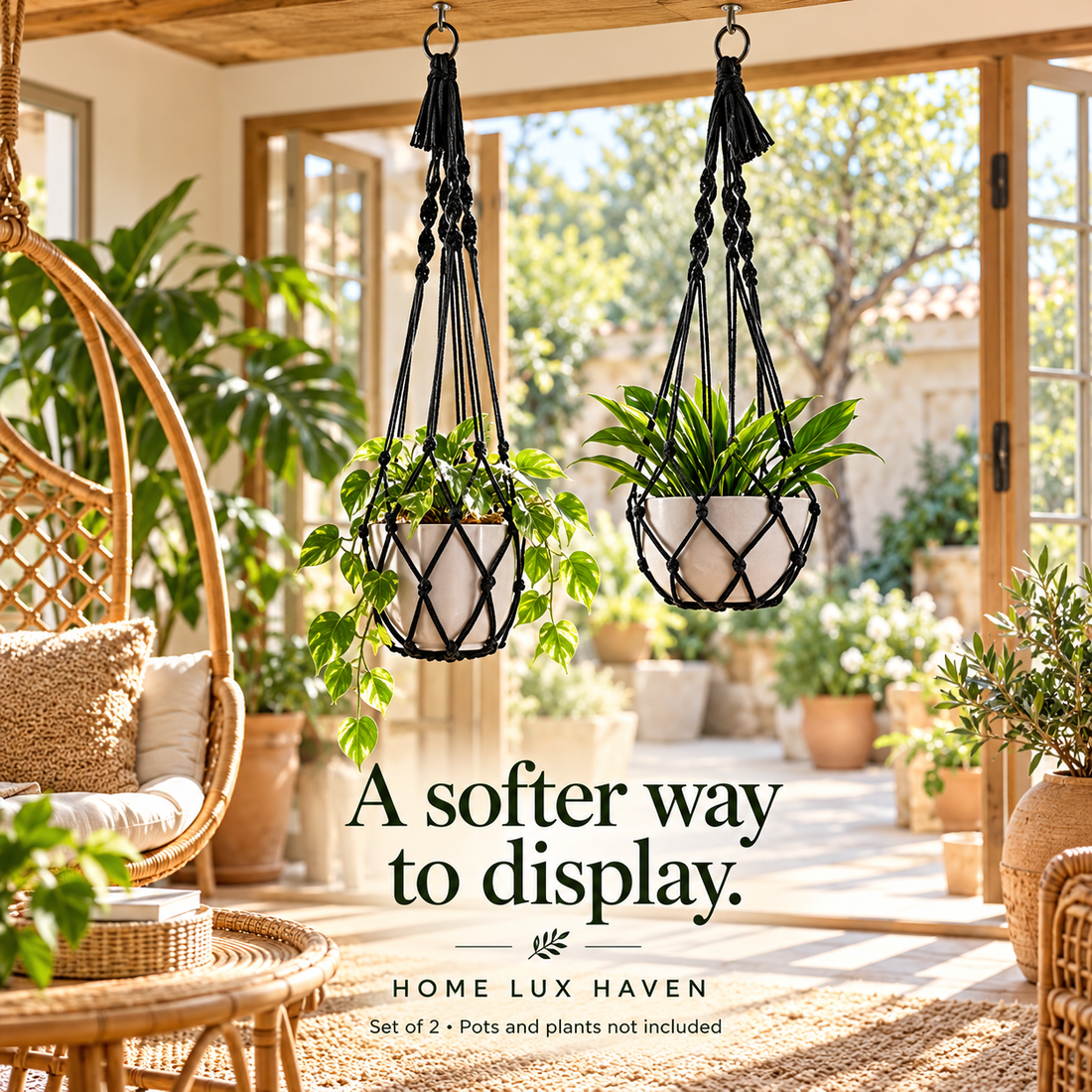Boho Macrame Plant Hangers, Set of 2 - Black - advertising image 01