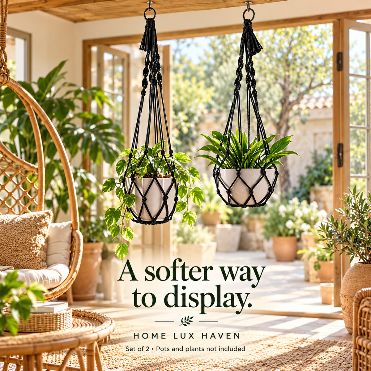 Boho Macrame Plant Hangers, Set of 2 - Black - advertising image 02