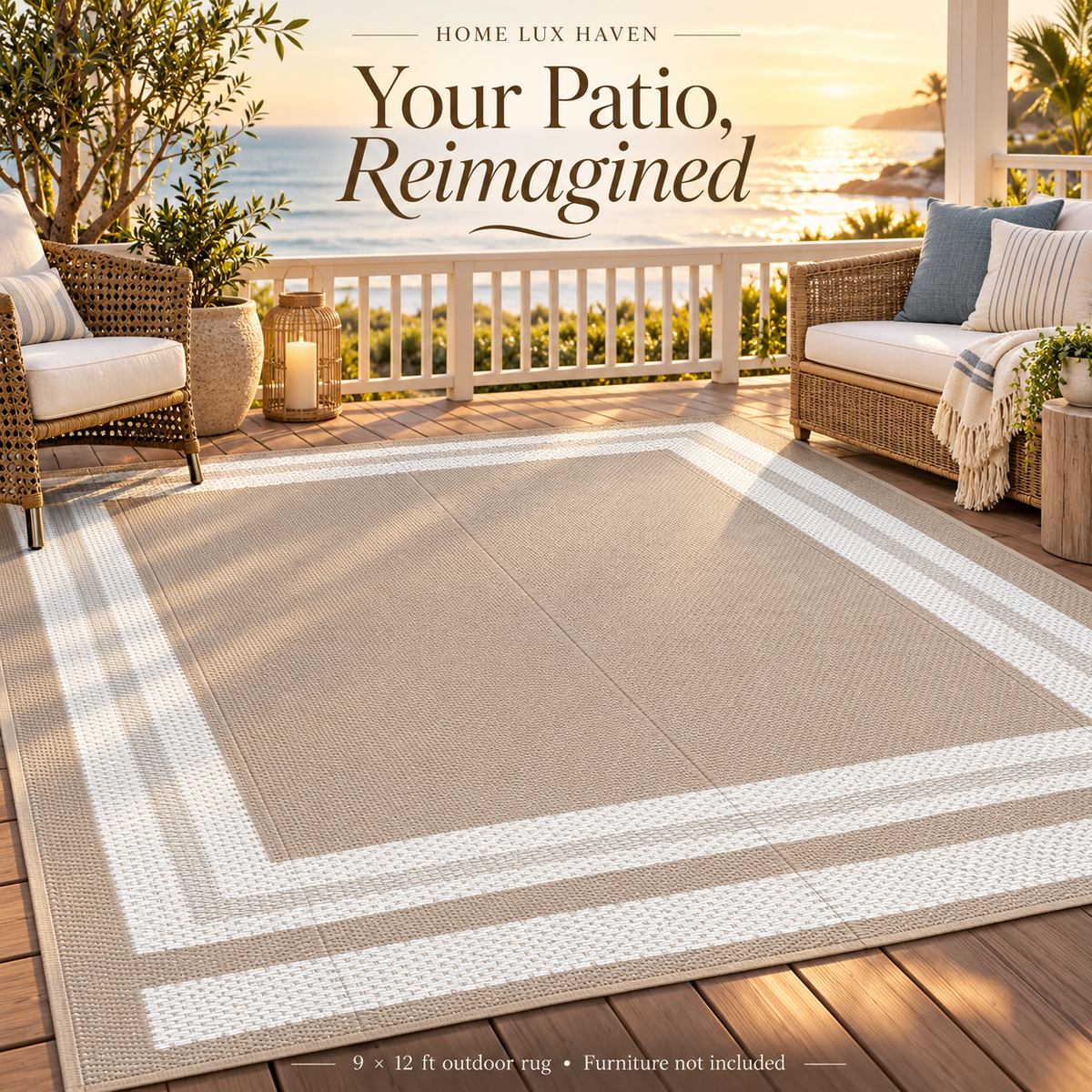 Large Reversible Outdoor Rug 9' x 12' ? Waterproof Plastic Straw Patio & RV Mat, Light Coffee - advertising image 02