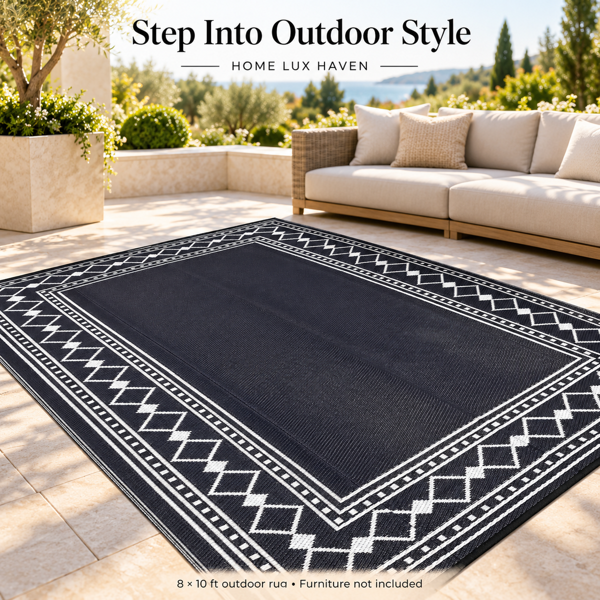 Reversible Outdoor Patio Rug 8' x 10' ? Waterproof Plastic Straw Mat, Black & White - advertising image 01