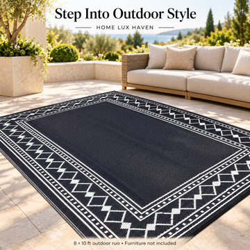 Reversible Outdoor Patio Rug 8' x 10' ? Waterproof Plastic Straw Mat, Black & White - advertising image 01