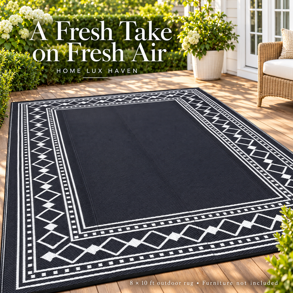 Reversible Outdoor Patio Rug 8' x 10' ? Waterproof Plastic Straw Mat, Black & White - advertising image 02
