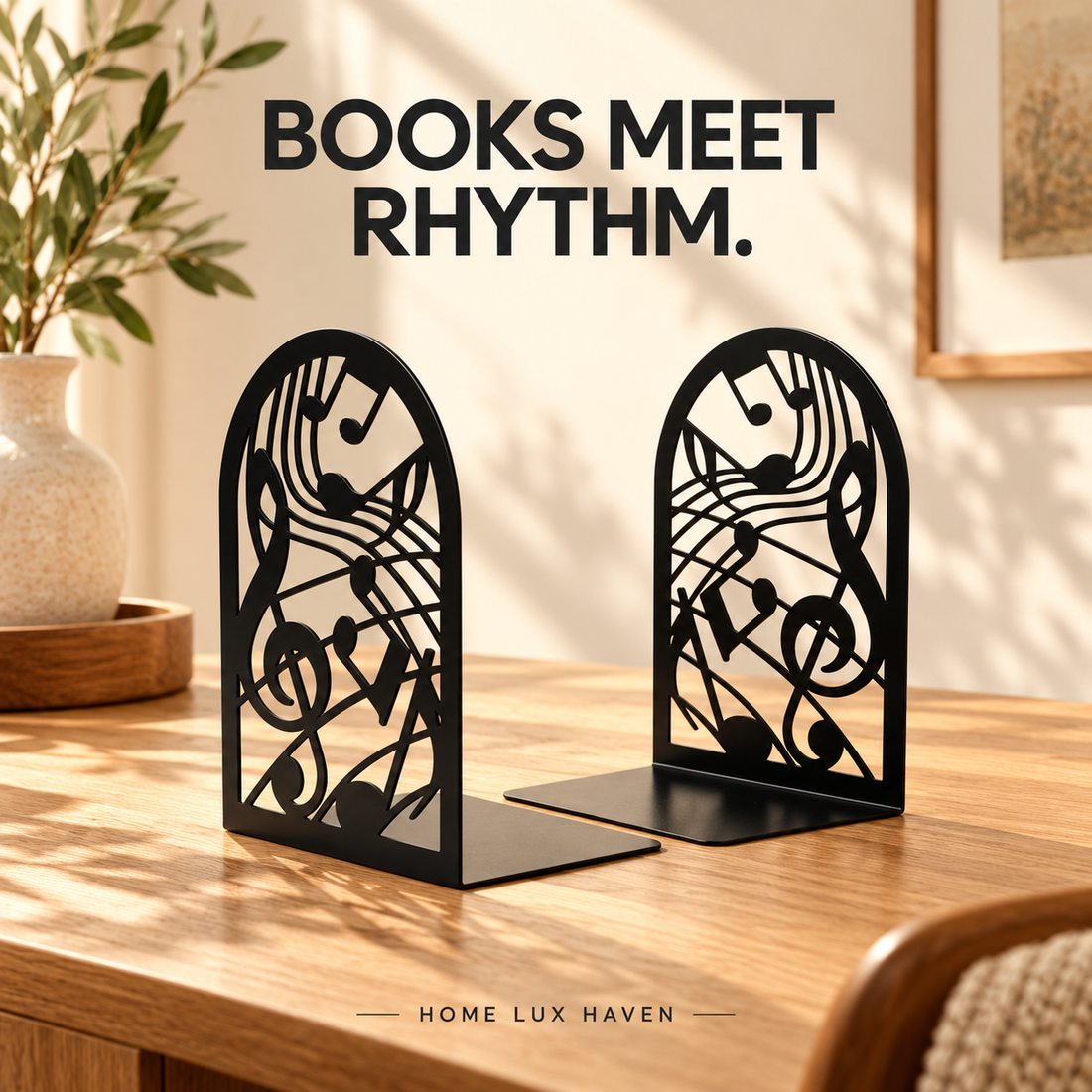 Decorative Metal Silhouette Bookends (1 Pair) – Heavy-Duty Black Steel Book Ends - advertising image 01