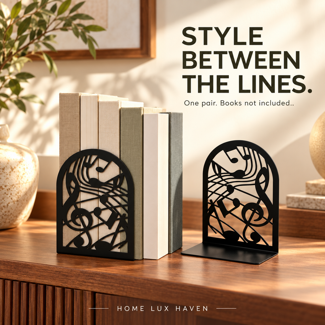 Decorative Metal Silhouette Bookends (1 Pair) – Heavy-Duty Black Steel Book Ends - advertising image 01