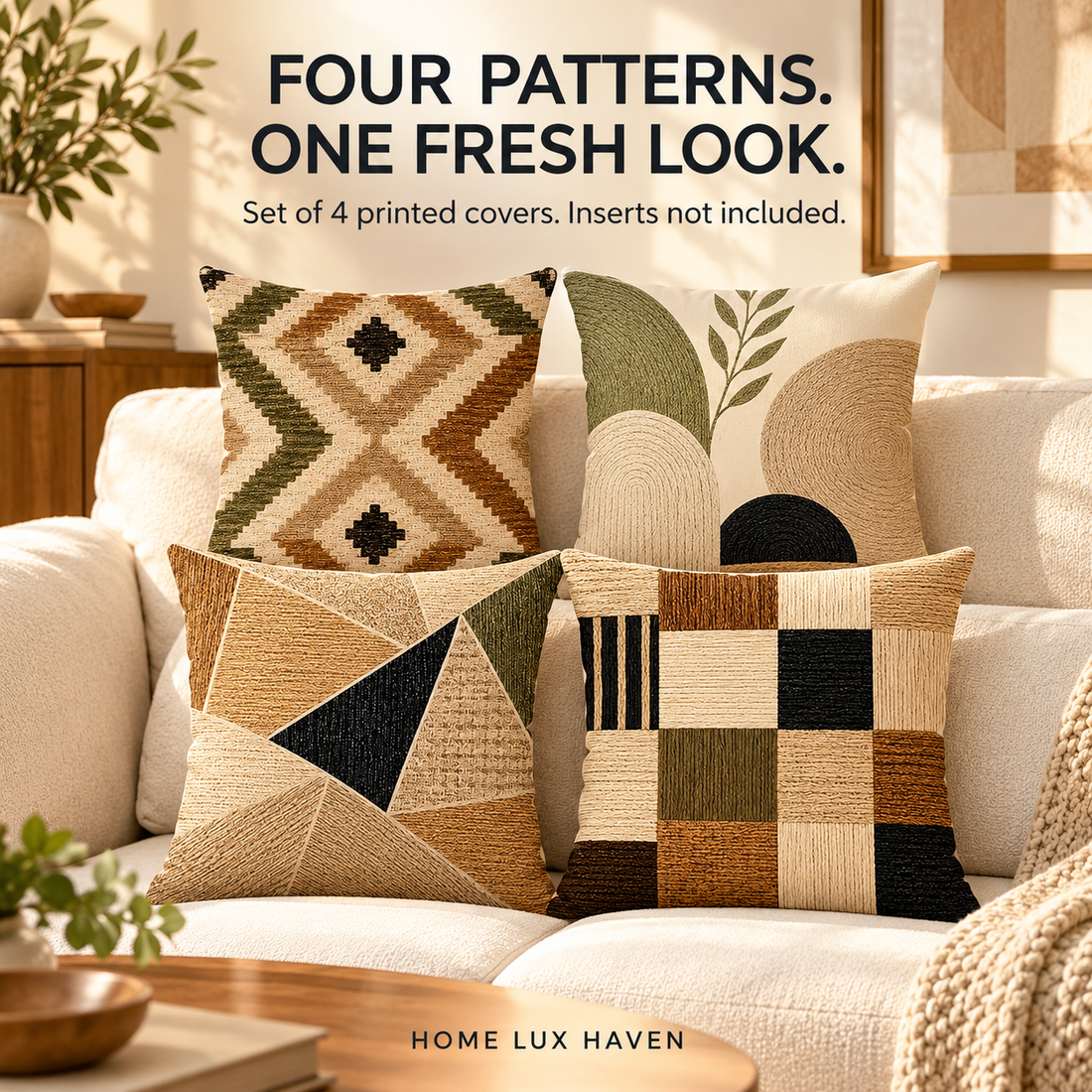 Boho Geometric Throw Pillow Covers, Set of 4 – Neutral Printed Cushion Covers - advertising image 01