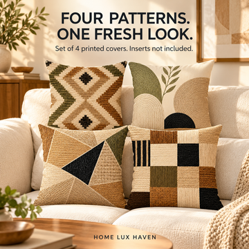 Boho Geometric Throw Pillow Covers, Set of 4 – Neutral Printed Cushion Covers - advertising image 01