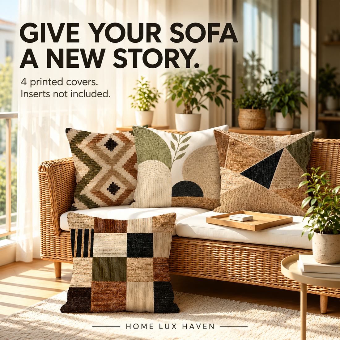 Boho Geometric Throw Pillow Covers, Set of 4 – Neutral Printed Cushion Covers - advertising image 01