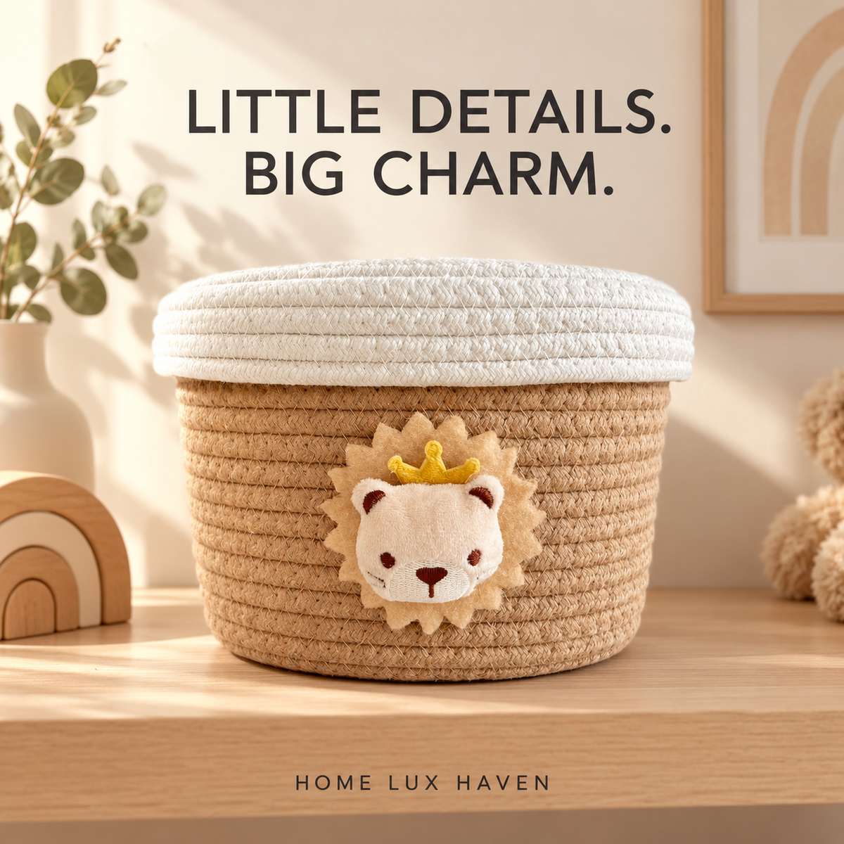 Lidded Cotton Rope Storage Basket with Lion Accent - advertising image 01