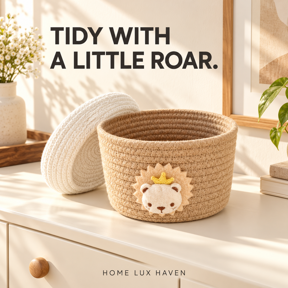 Lidded Cotton Rope Storage Basket with Lion Accent - advertising image 02