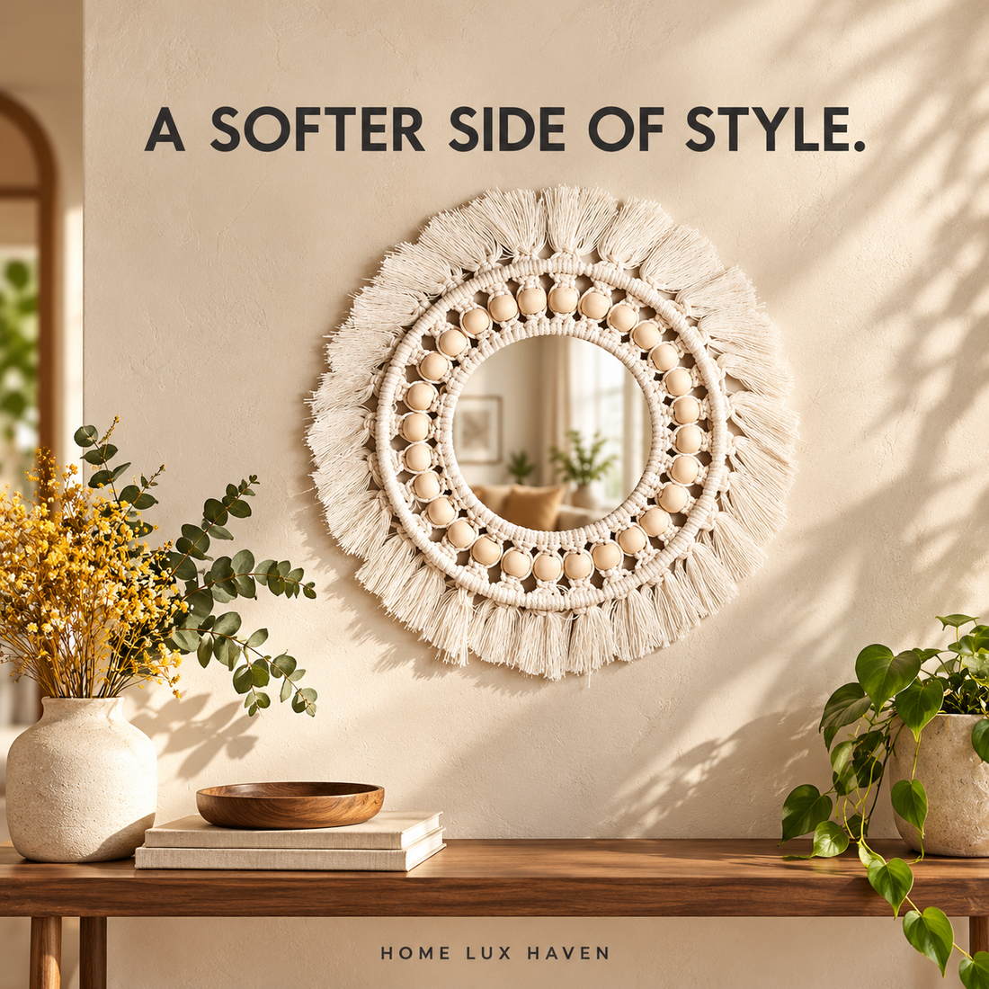 Boho Macrame Fringe Round Wall Mirror - advertising image 01