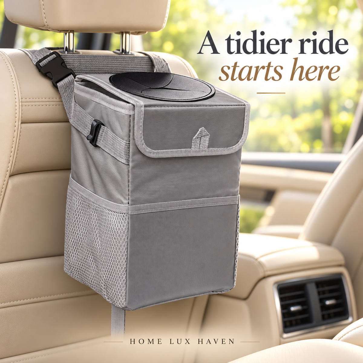 Leakproof Car Trash Can with Lid & Storage Pockets - advertising image 01