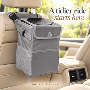 Leakproof Car Trash Can with Lid & Storage Pockets - advertising image 01
