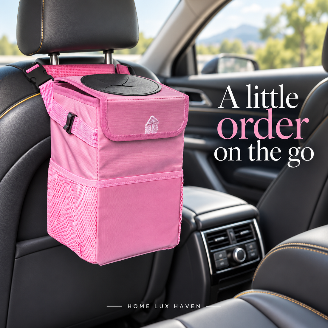 Leakproof Car Trash Can with Lid & Storage Pockets - advertising image 01