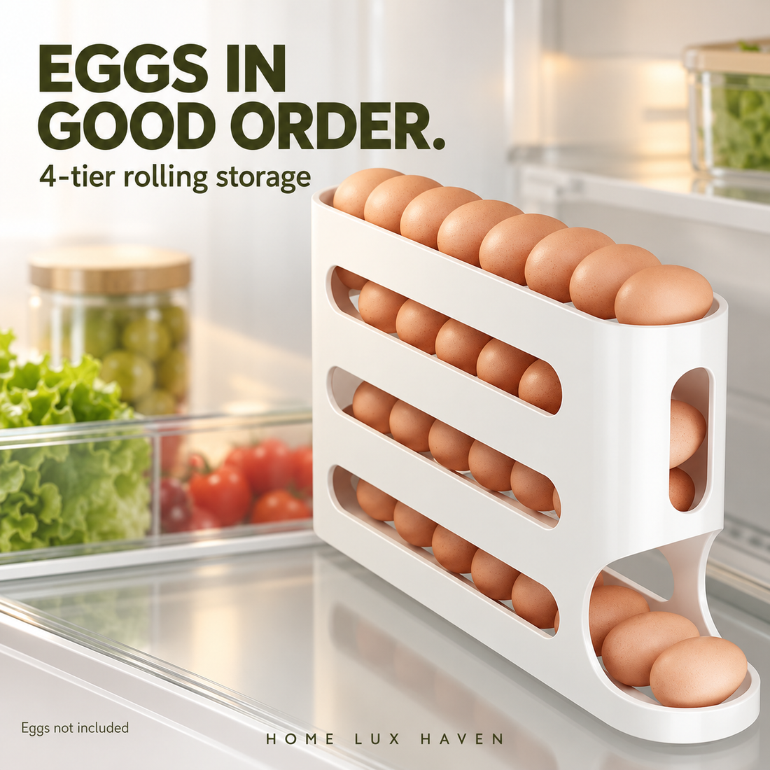 4-Tier Rolling Egg Dispenser Fridge Organizer (Holds About 30 Eggs) - advertising image 01