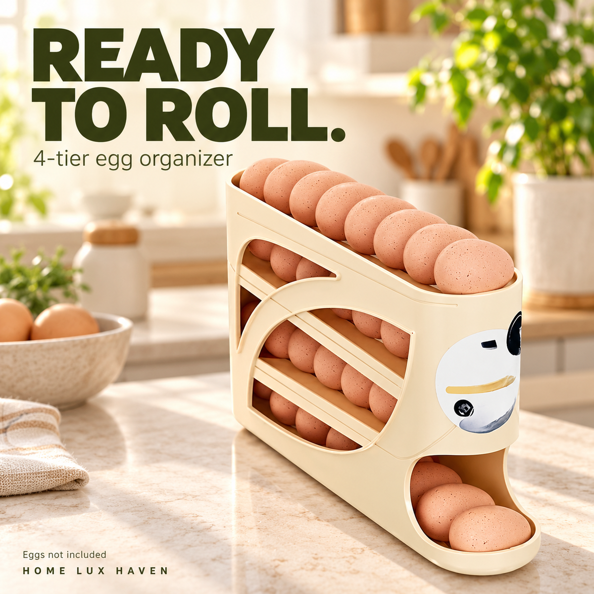 4-Tier Rolling Egg Dispenser Fridge Organizer (Holds About 30 Eggs) - advertising image 02