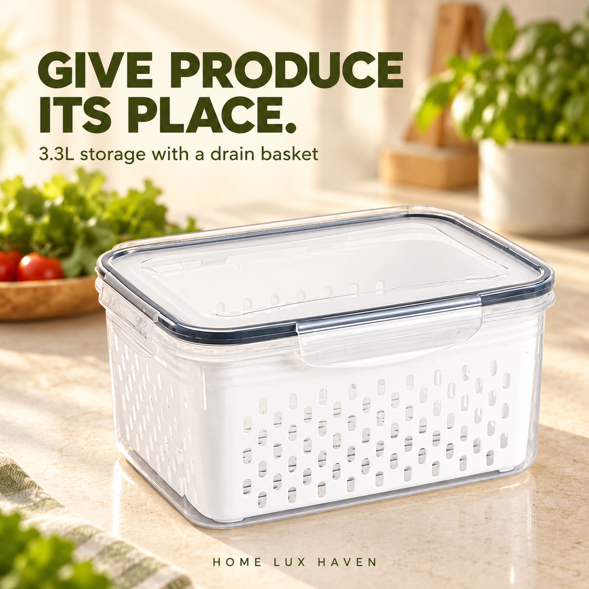 Produce Saver Container with Removable Drain Basket (3.3L) - advertising image 01