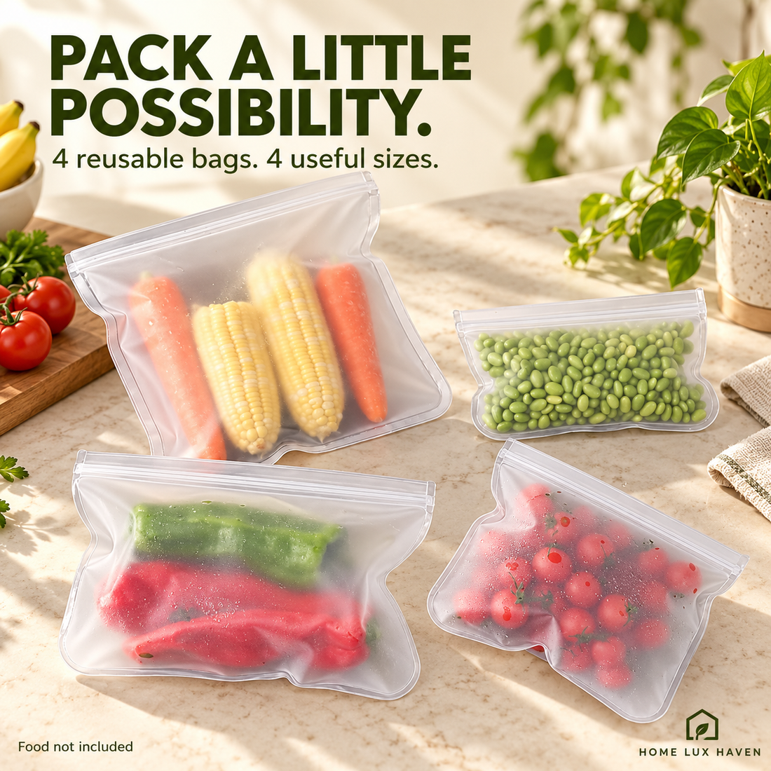 Reusable Food Storage Bags (4-Pack, Leakproof Zip Seal) - advertising image 01