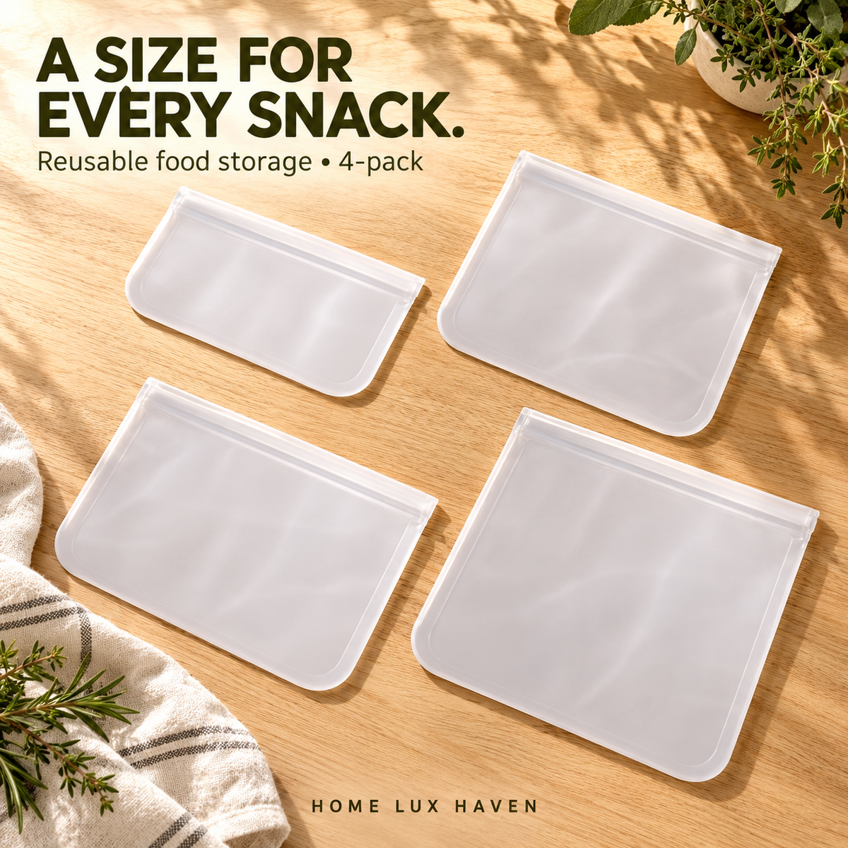 Reusable Food Storage Bags (4-Pack, Leakproof Zip Seal) - advertising image 02