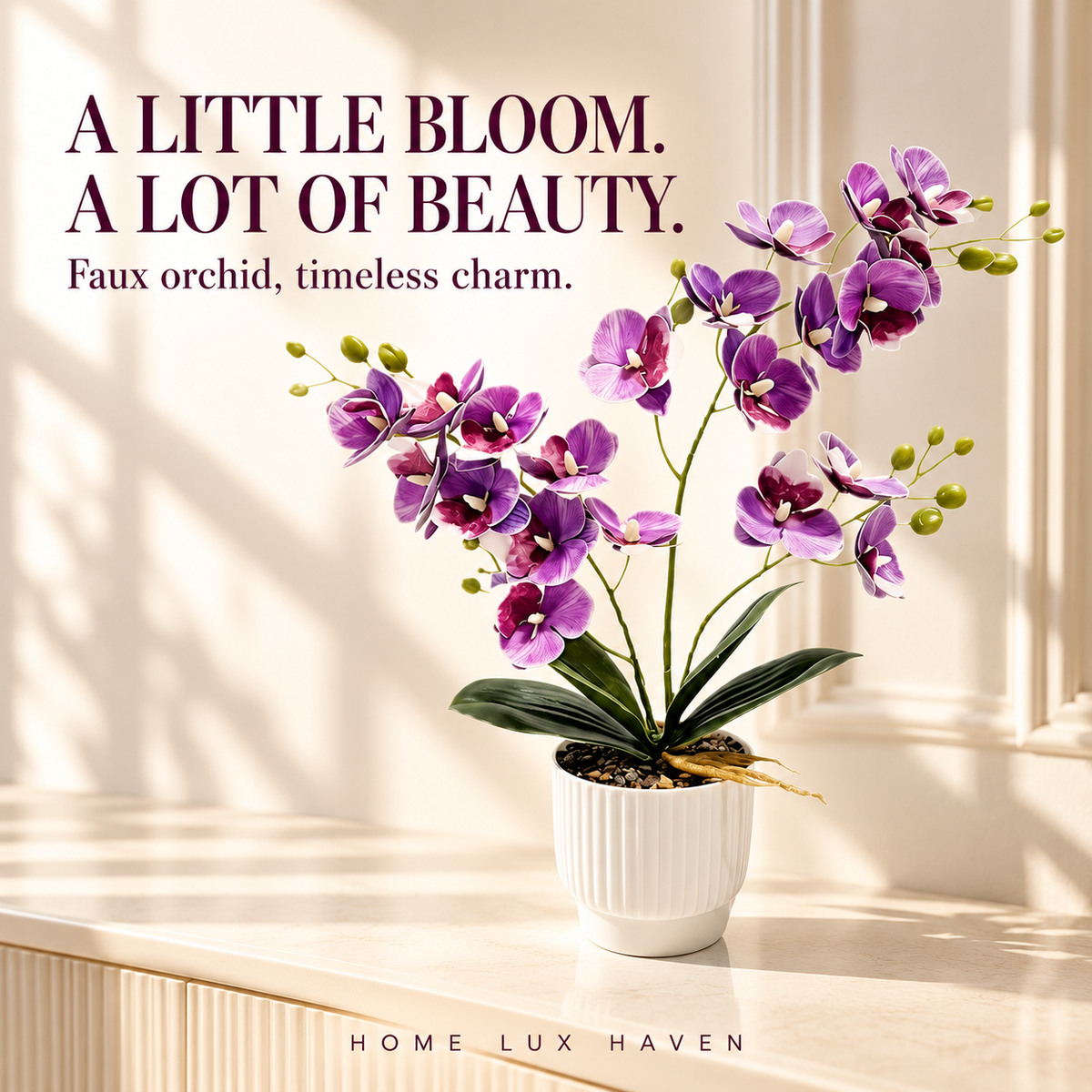 Artificial Phalaenopsis Orchid in White Pot – Faux Potted Orchid, 14.5 in - advertising image 01
