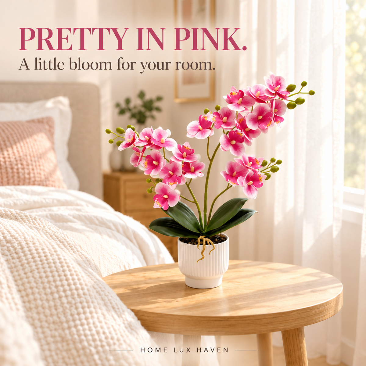 Artificial Phalaenopsis Orchid in White Pot – Faux Potted Orchid, 14.5 in - advertising image 02