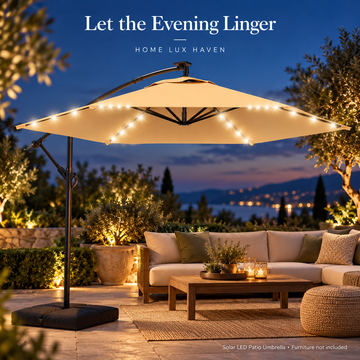 10 ft Solar LED Cantilever Patio Umbrella with Weighted Base – Tilting Offset Umbrella, Beige - advertising image 01