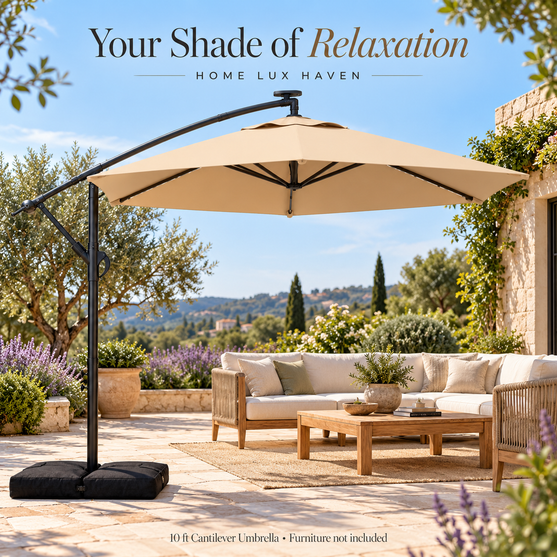 10 ft Solar LED Cantilever Patio Umbrella with Weighted Base – Tilting Offset Umbrella, Beige - advertising image 01