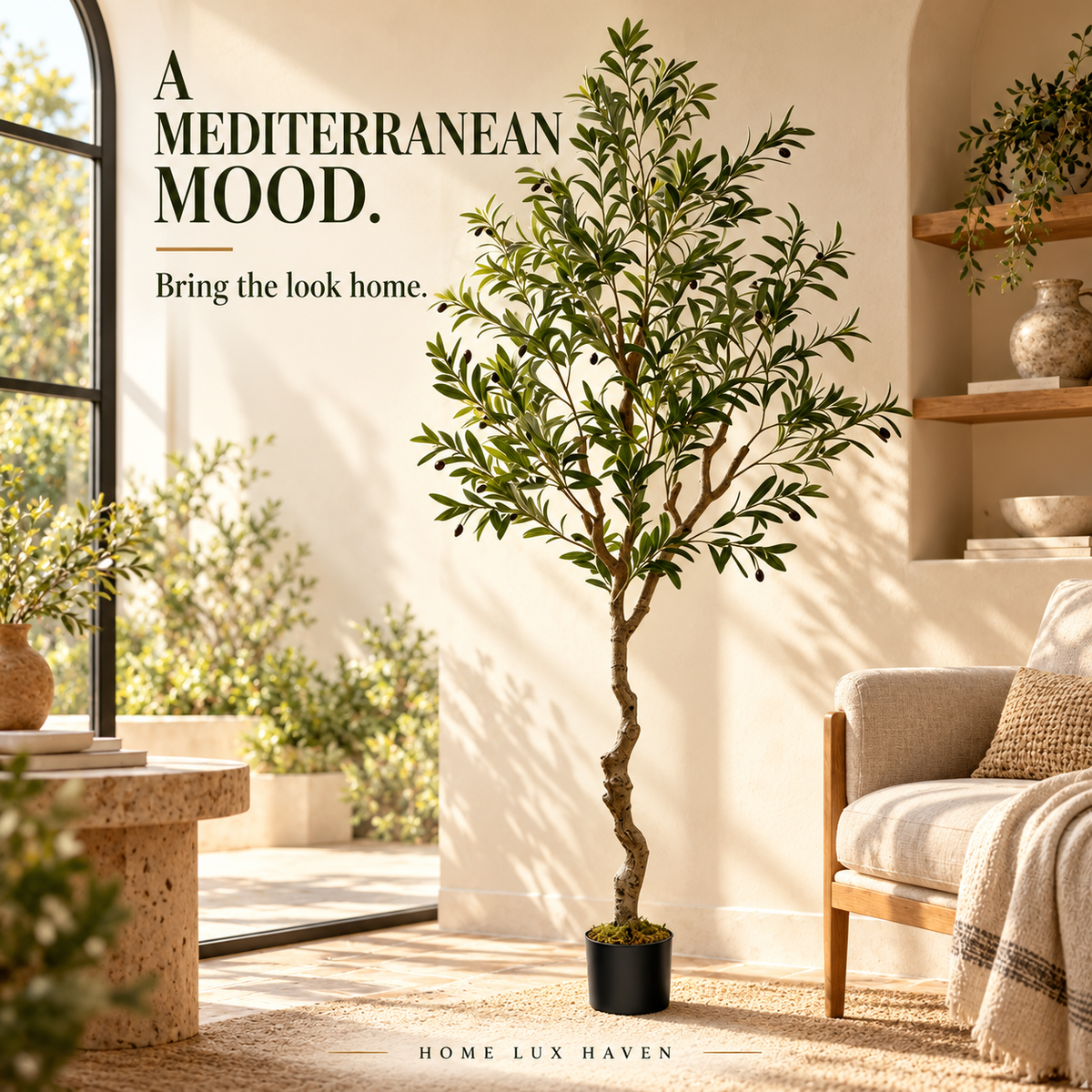 Artificial Olive Tree in Black Pot – Faux Indoor Olive Plant with Natural Wood Trunk, 5–8 ft - advertising image 02