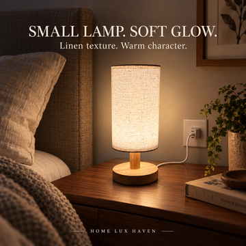 Linen Shade Wooden Bedside Lamp – USB Powered, Dimmable - advertising image 01