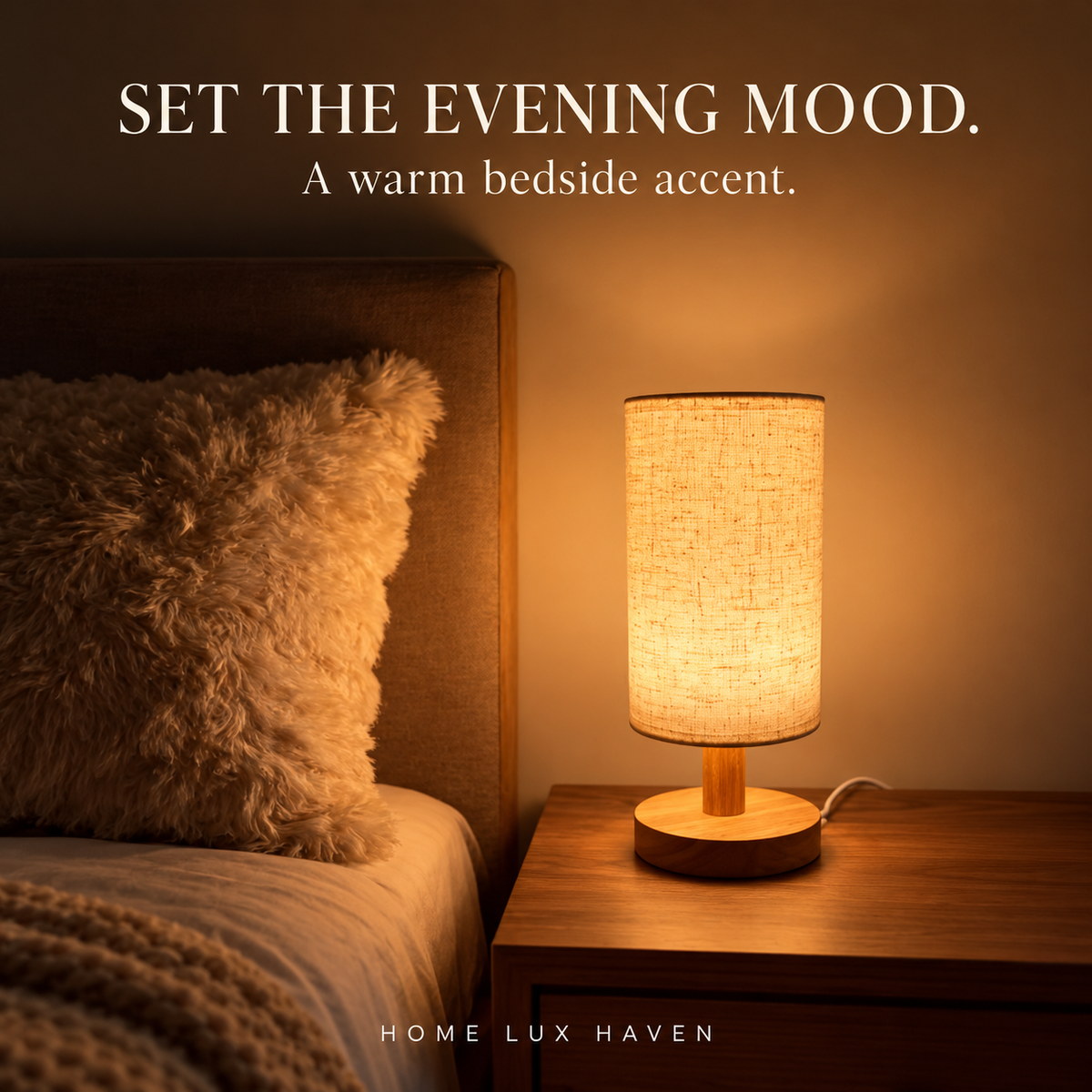 Linen Shade Wooden Bedside Lamp – USB Powered, Dimmable - advertising image 02