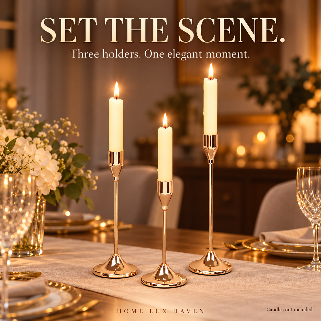 Rose Gold Taper Candlestick Holders, Set of 3 - advertising image 01