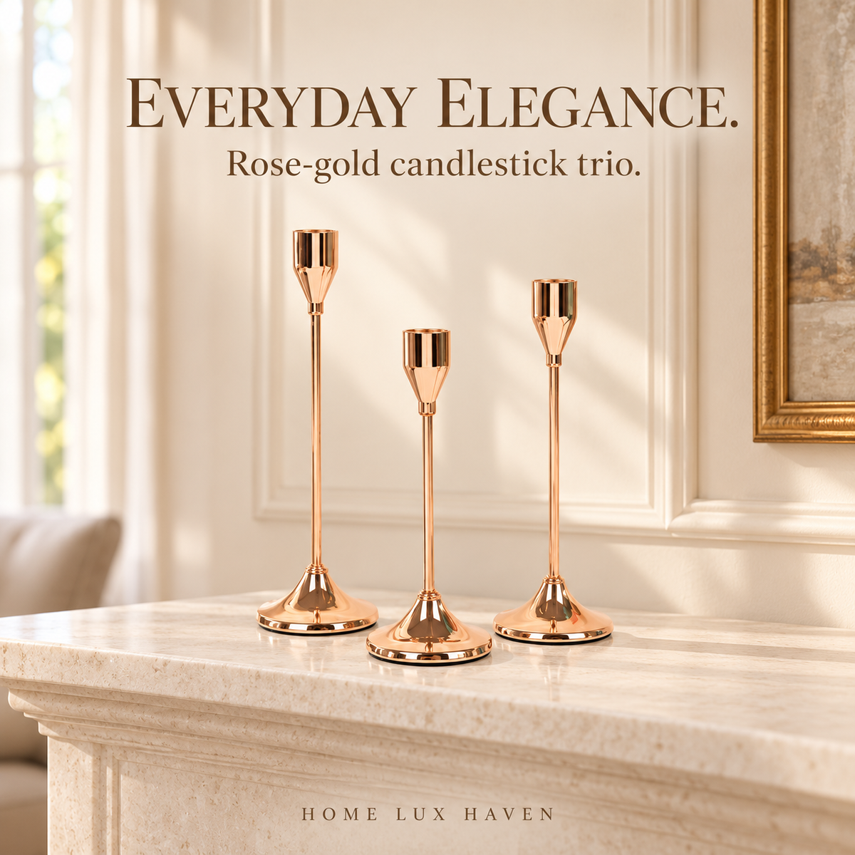 Rose Gold Taper Candlestick Holders, Set of 3 - advertising image 02