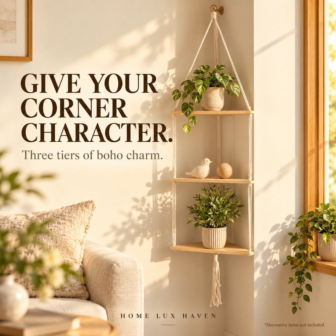 Boho Macrame Hanging Corner Shelf – Natural Wood - advertising image 01