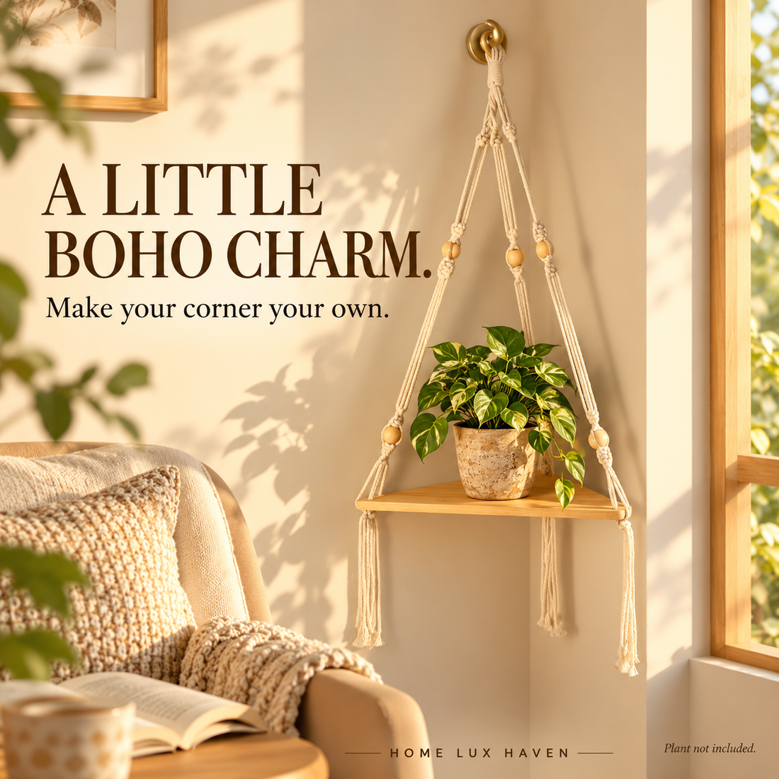 Boho Macrame Hanging Corner Shelf – Natural Wood - advertising image 01