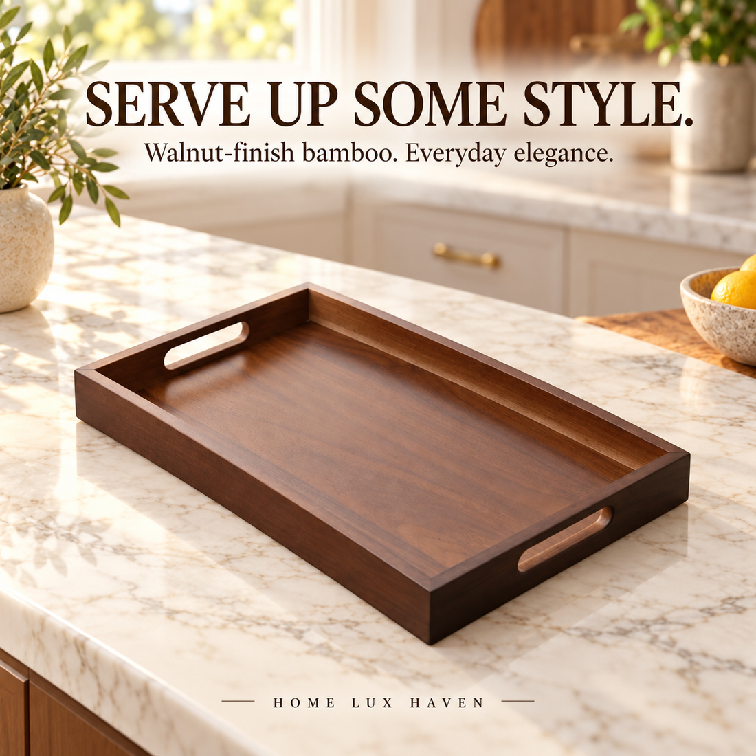 Walnut Finish Bamboo Serving Tray with Handles - advertising image 01