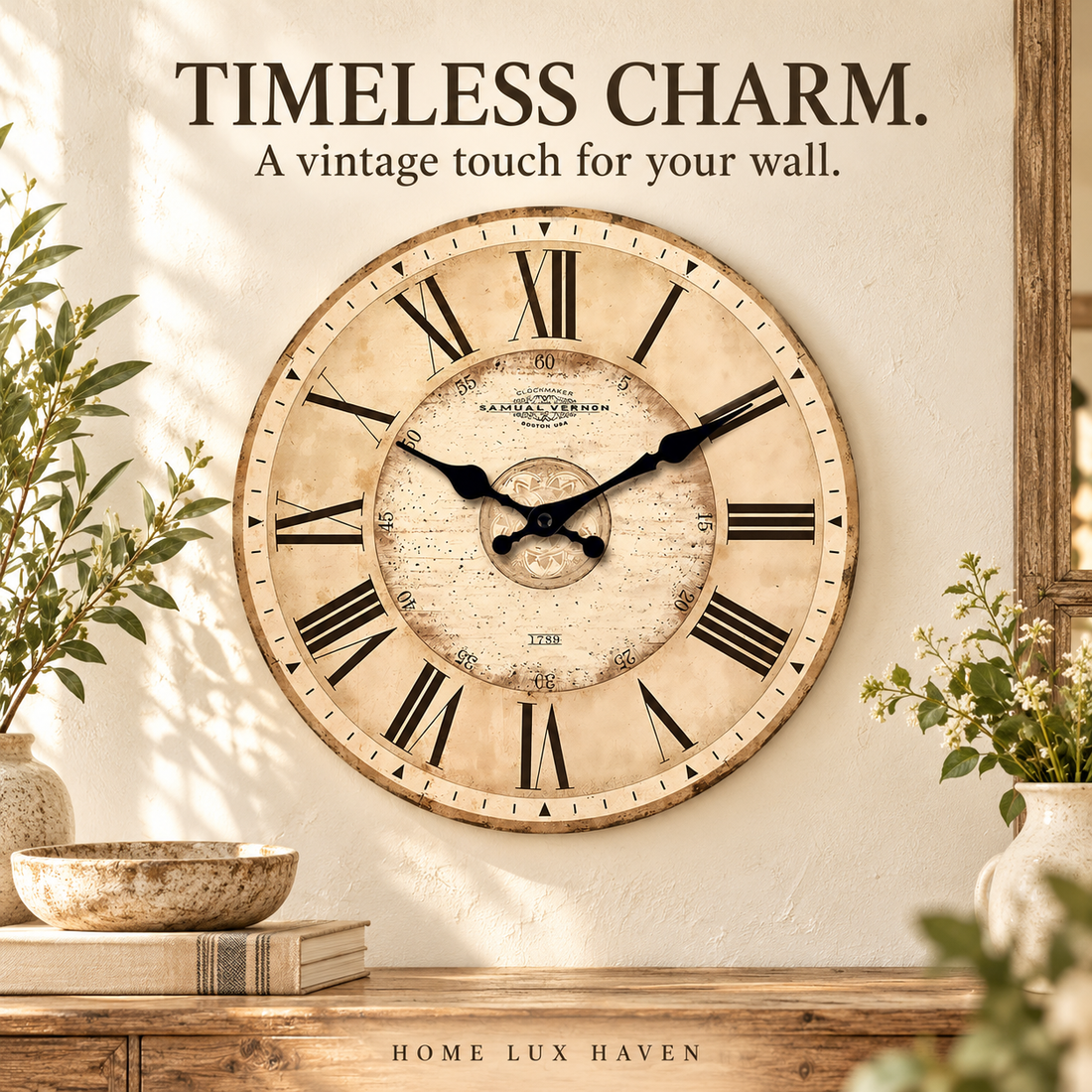 Vintage Farmhouse Roman Numeral Wall Clock - advertising image 01