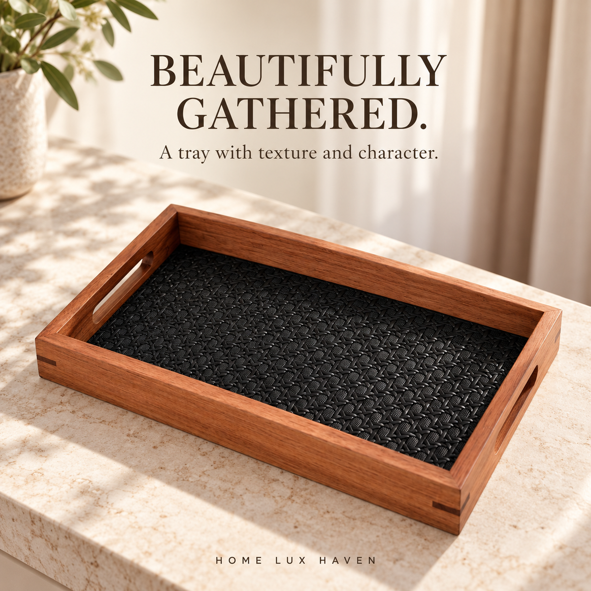 Walnut-Finish Wood Vanity Tray with Woven Rattan-Look Base - advertising image 01