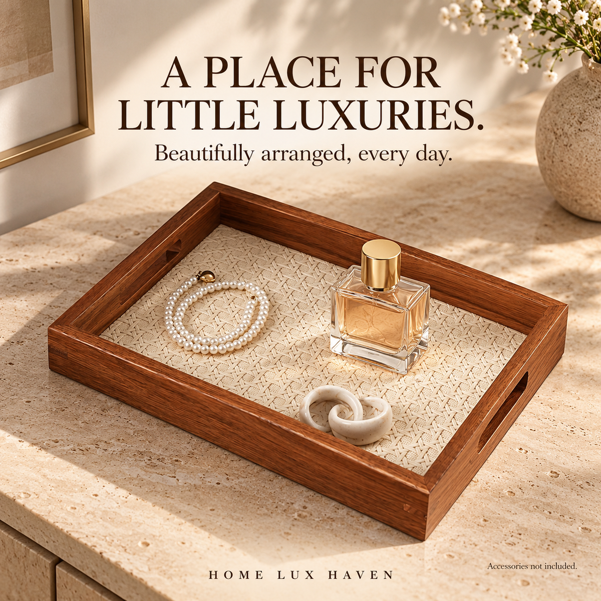 Walnut-Finish Wood Vanity Tray with Woven Rattan-Look Base - advertising image 02